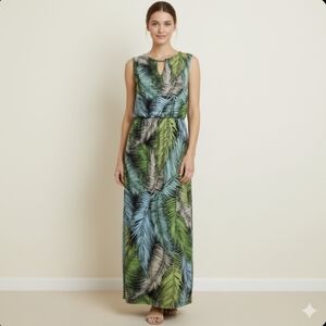 LONDON TIMES Maxi Dress Women 12 Tropical Palm Print Slit Travel Resort Vacation